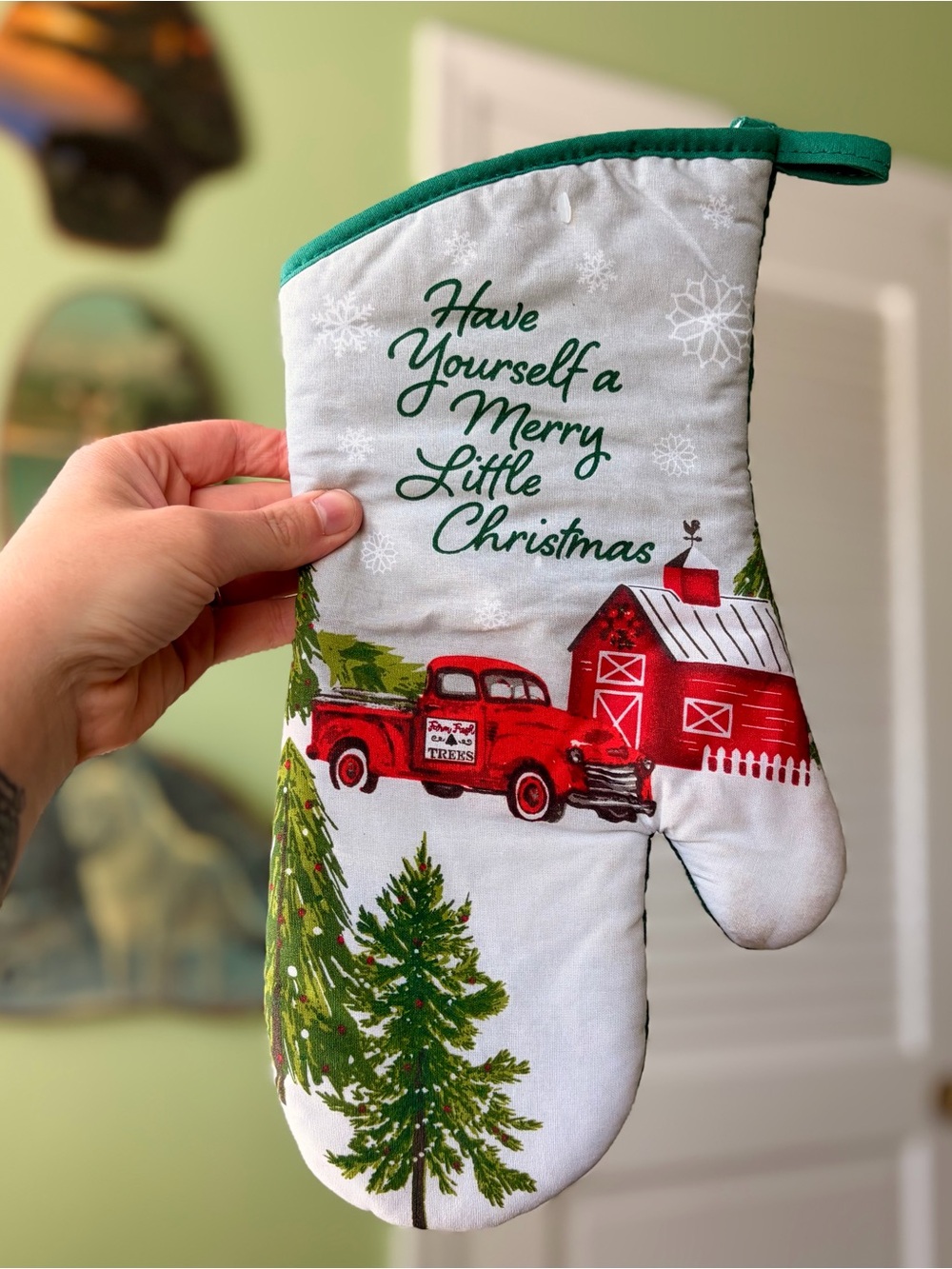 Holiday Oven Mitt - Merry Little Christmas Red & Green